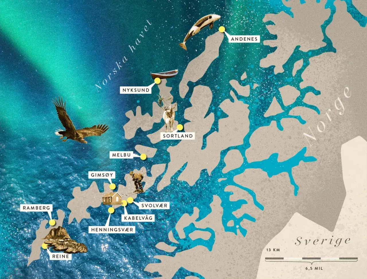 Map of Norway's Lofoten Islands with locations, wildlife, and aurora borealis.