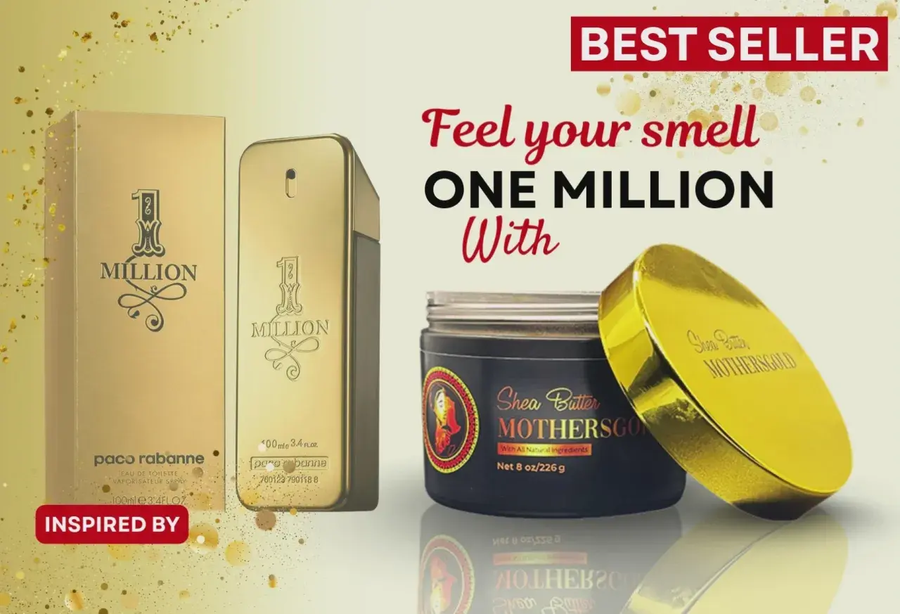 Złoty flakon perfum Paco Rabanne "One Million" i słoiczek masła do ciała. Poczuj zapach "One Million" w intensywnym wydaniu.