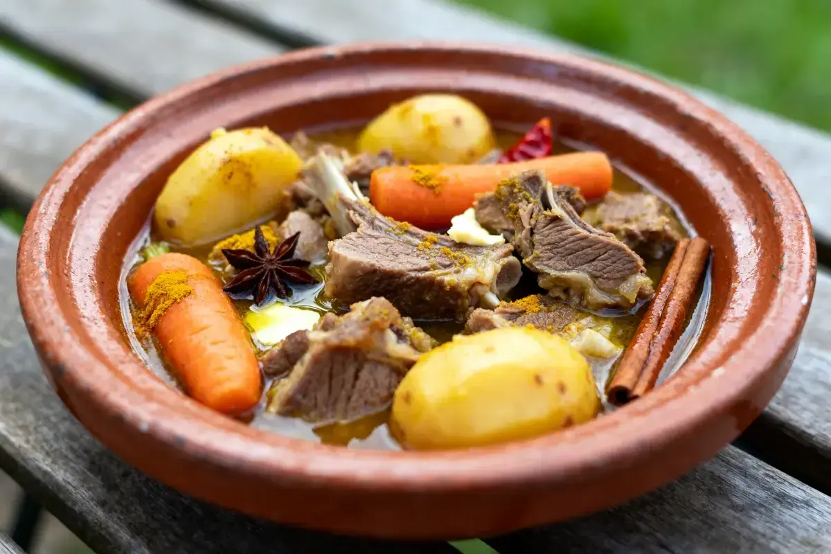 Navarin d'agneau cocotte en fonte, un plat mijoté aux carottes, pommes de terre, anis étoilé et bâton de cannelle.