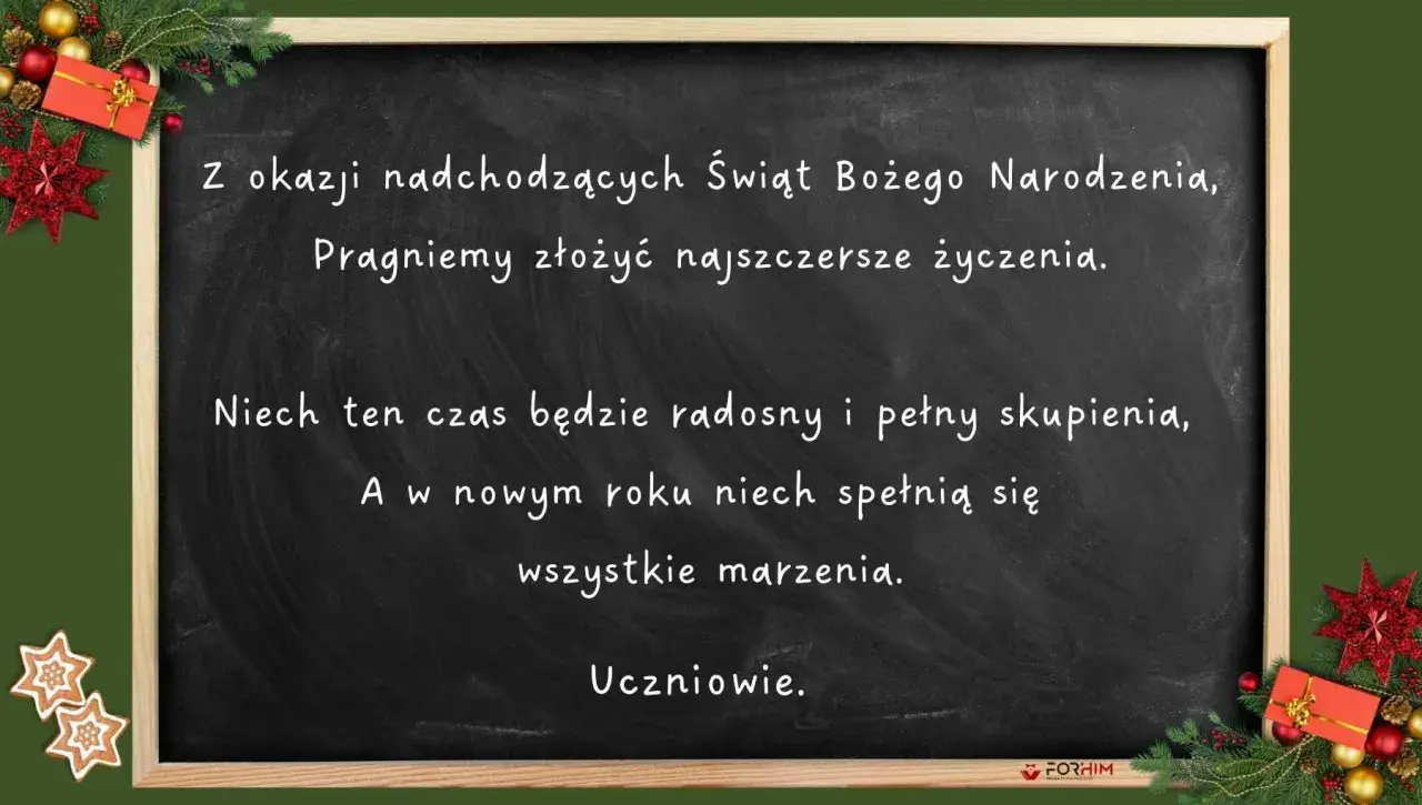 Życzenia dla nauczyciela na Boże Narodzenie i Nowy Rok. Niech ten czas będzie radosny, a marzenia się spełnią. Uczniowie.