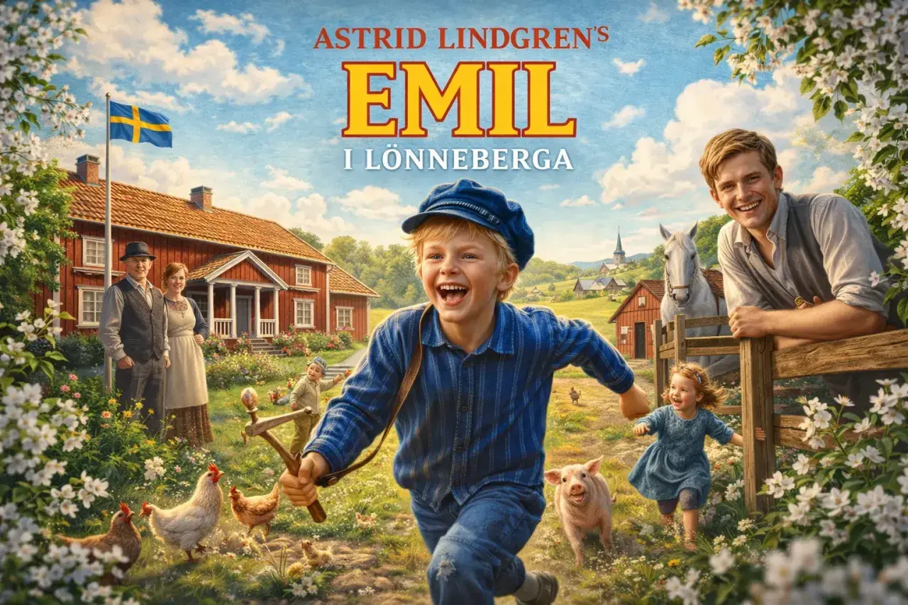 Emil i Lönneberga springer glatt på gården med en gris och kycklingar. Föräldrarna står vid huset, en häst betar och en flicka springer.