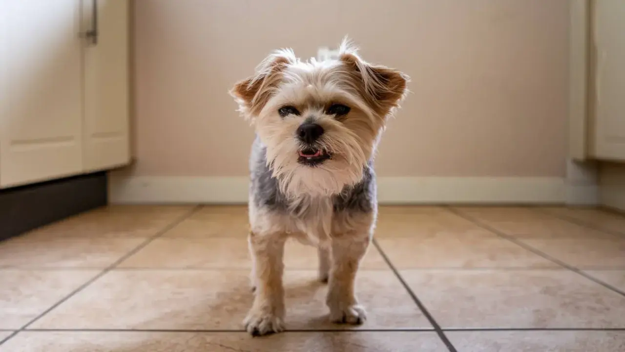 Perro Yorkshire Terrier con aspecto cansado, quizás por faringitis en perros.