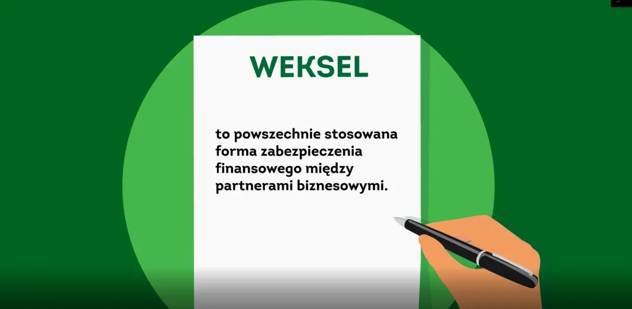 Dłoń trzyma pióro nad dokumentem z napisem "WEKSEL". Tekst wyjaśnia, że weksel in blanco to powszechna forma zabezpieczenia finansowego.