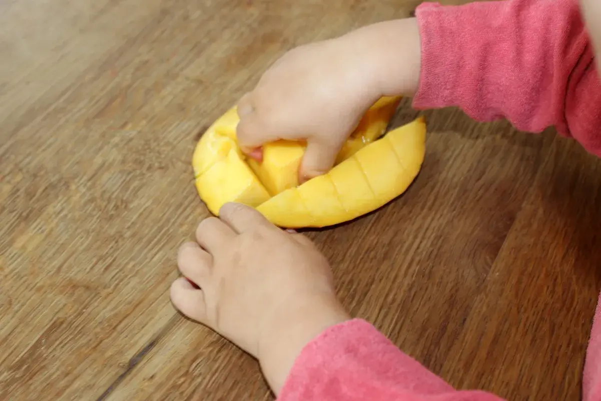 Kleine Hände erkunden eine aufgeschnittene Mango. Ab wann darf ein Baby Mango essen?