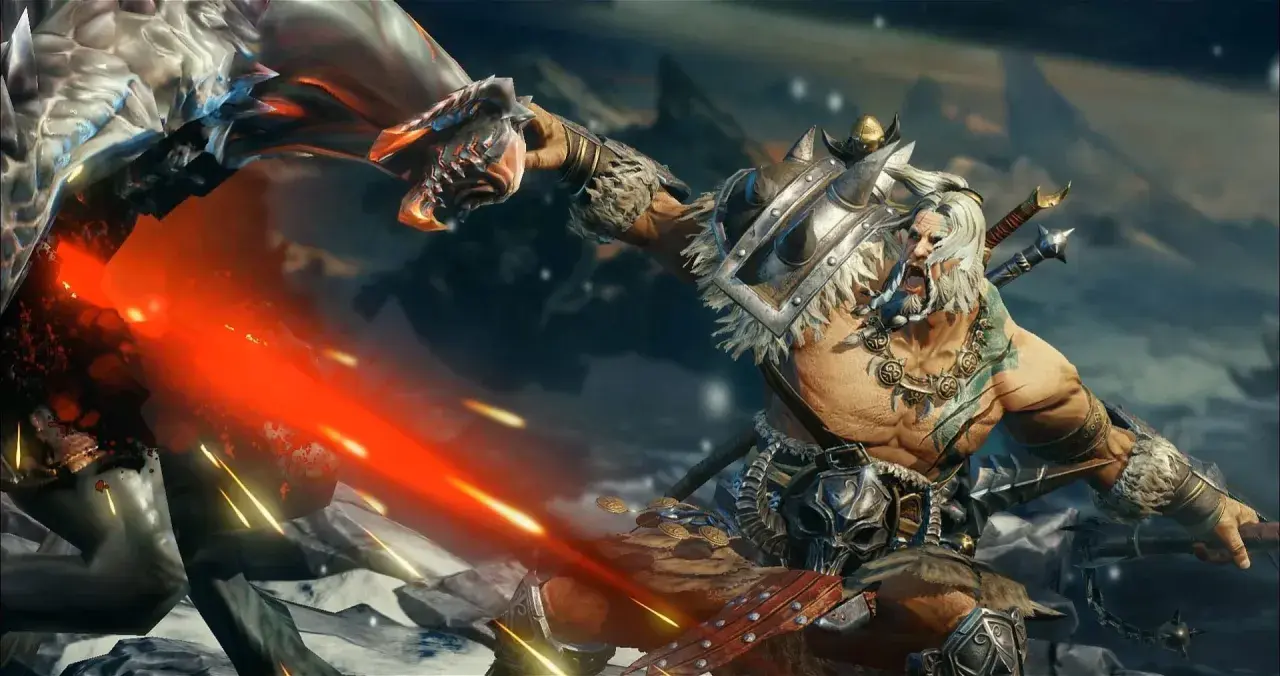 Wojownik z Diablo Immortal walczy z potworem, używając ognistej broni.
