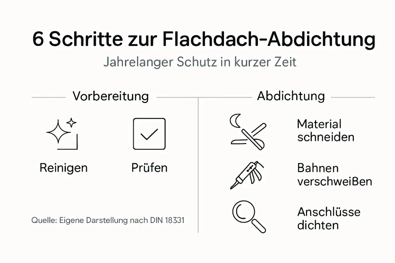 6 Schritte zur Flachdach-Abdichtung: Vorbereitung (Reinigen, Prüfen) und Abdichtung (Material schneiden, Bahnen verschweißen, Anschlüsse dichten). So werden Schrauben am Flachdach abgedichtet.