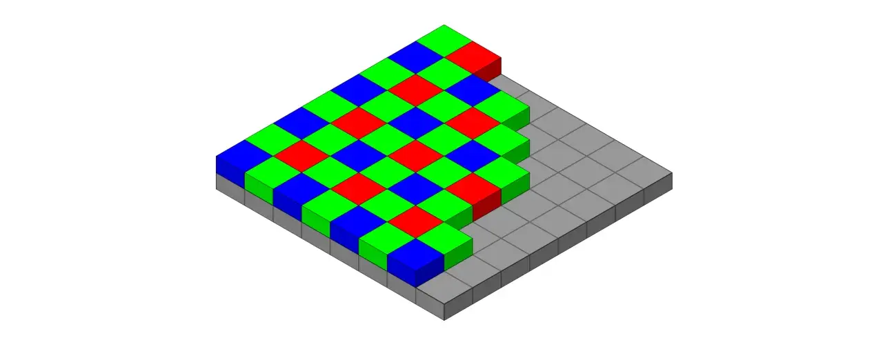 Siatka pikseli z kolorami RGB (czerwony, zielony, niebieski) ułożonymi naprzemiennie.