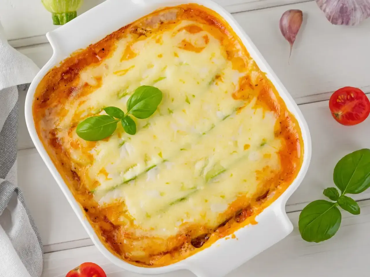 Lasagnes de courgettes sans pâtes, gratinées et dorées, garnies de basilic frais. Un délice léger et savoureux.