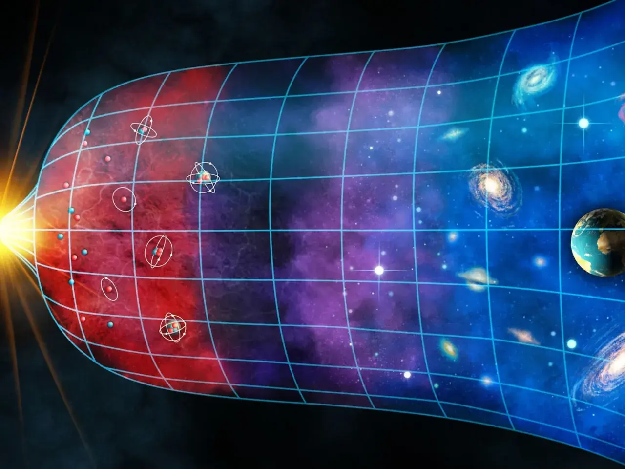 Wizualizacja **holograficznego wszechświata**: od atomów po galaktyki, wszystko w siatce czasu i przestrzeni.