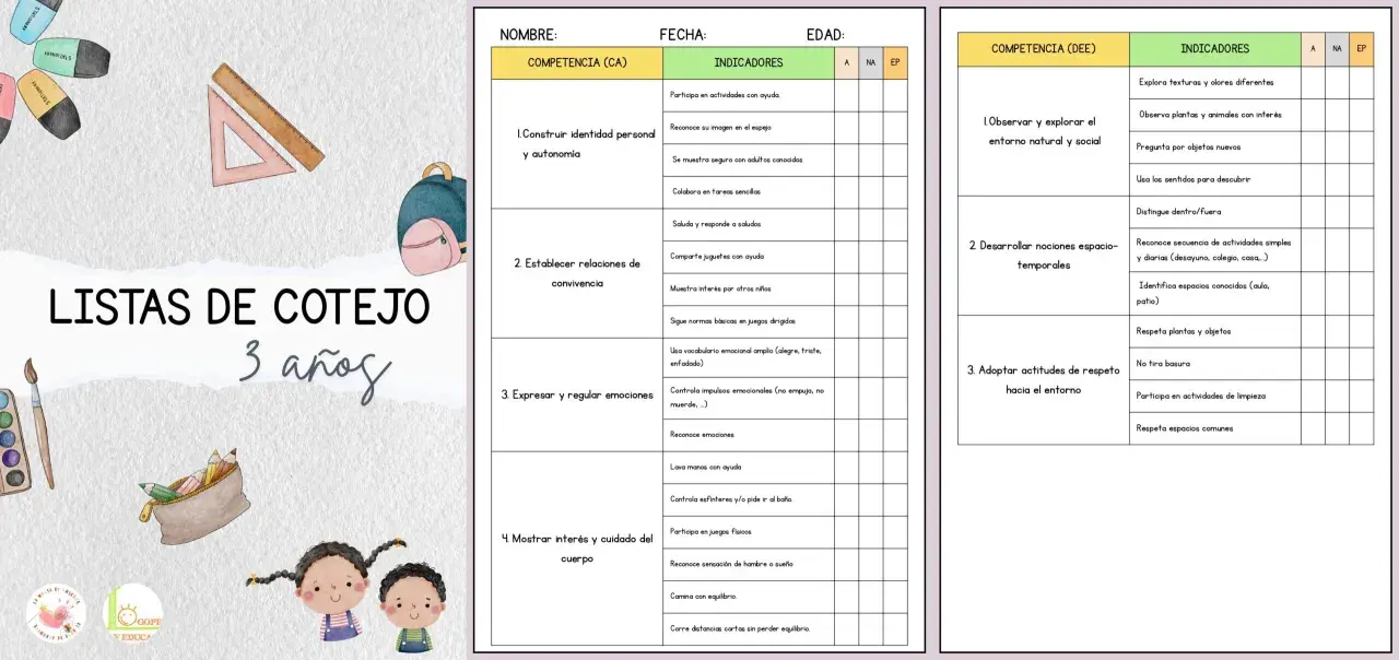 Listas de cotejo ejemplos para niños de 3 años, con indicadores de desarrollo personal, social y del entorno.