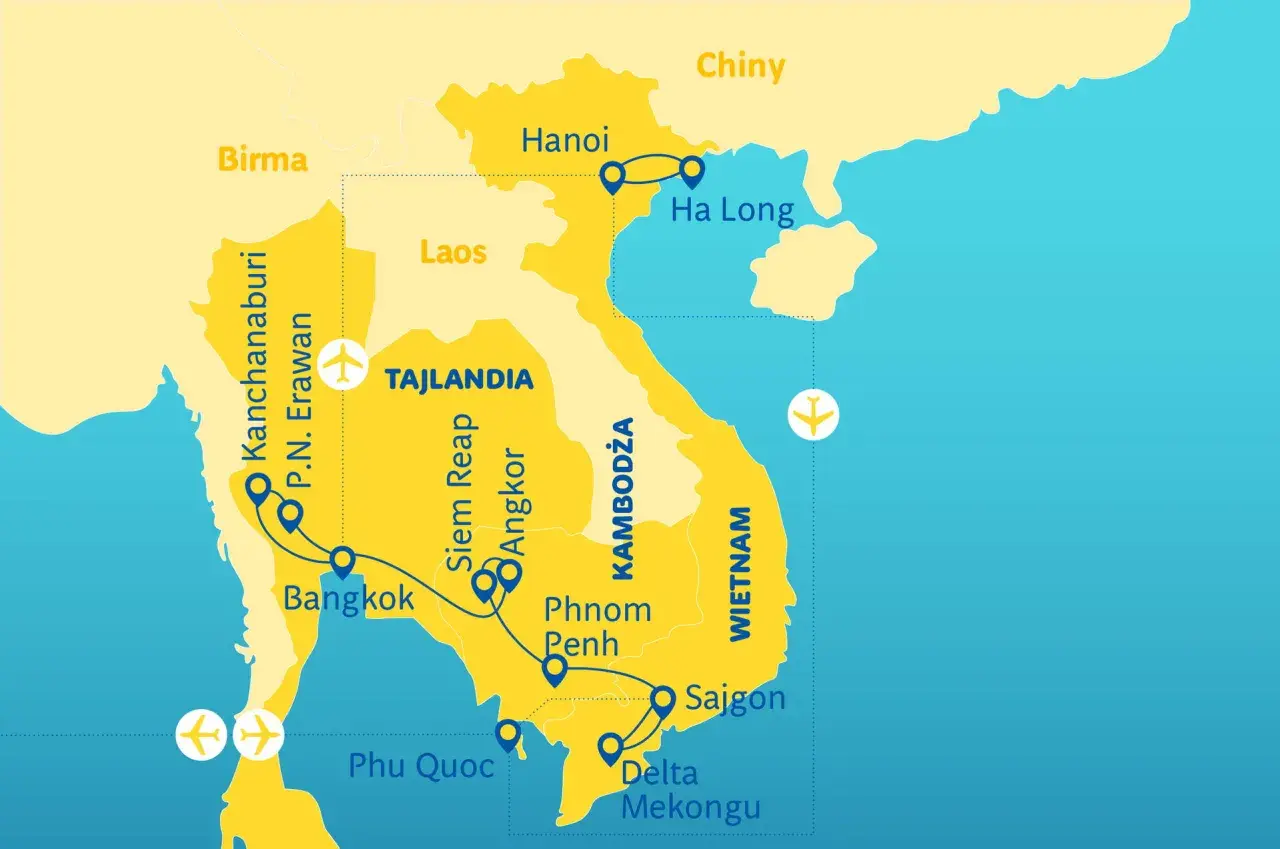 Mapa pokazuje trasę podróży przez Tajlandię, Kambodżę i Wietnam, z zaznaczonymi miastami jak Bangkok, Angkor, Hanoi i Sajgon.