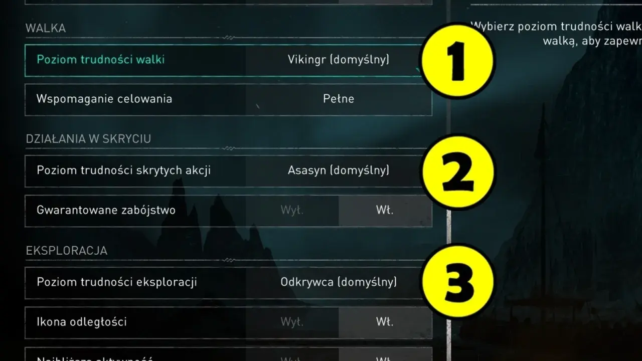 Ustawienia trudności w grze Assassin's Creed Valhalla: walka, skradanie i eksploracja. Wybierz poziom wyzwania, by dostosować rozgrywkę.