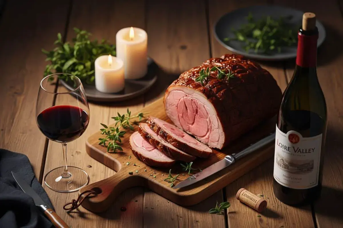 Un rôti de porc juteux, tranché sur une planche en bois, avec un verre de vin rouge et une bouteille de Loire Valley. La question "quel vin avec rôti de porc" trouve ici une réponse visuelle.