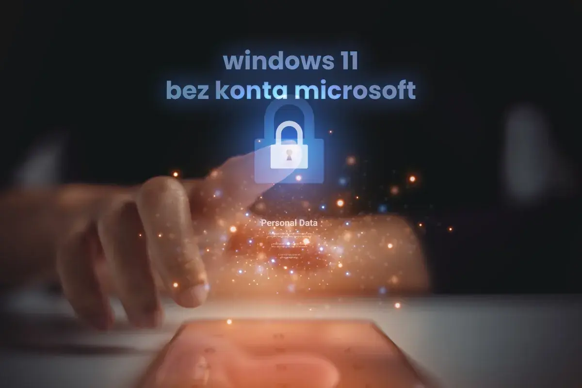 Obejście oobe bypassnro na Windows 11 bez konta Microsoft. Palec dotyka ekranu, symbolizując kontrolę nad danymi.