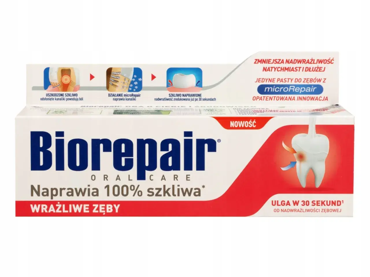 Pasta Biorepair z microRepair dla wrażliwych zębów. Naprawia szkliwo, redukując nadwrażliwość już po 30 sekundach. Ulga natychmiast i na dłużej.