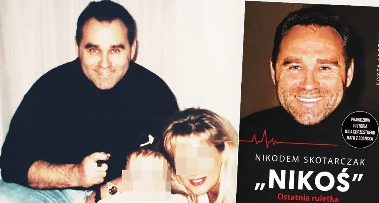 Nikodem Skotarczak z rodziną, obok okładka książki o jego życiu.
