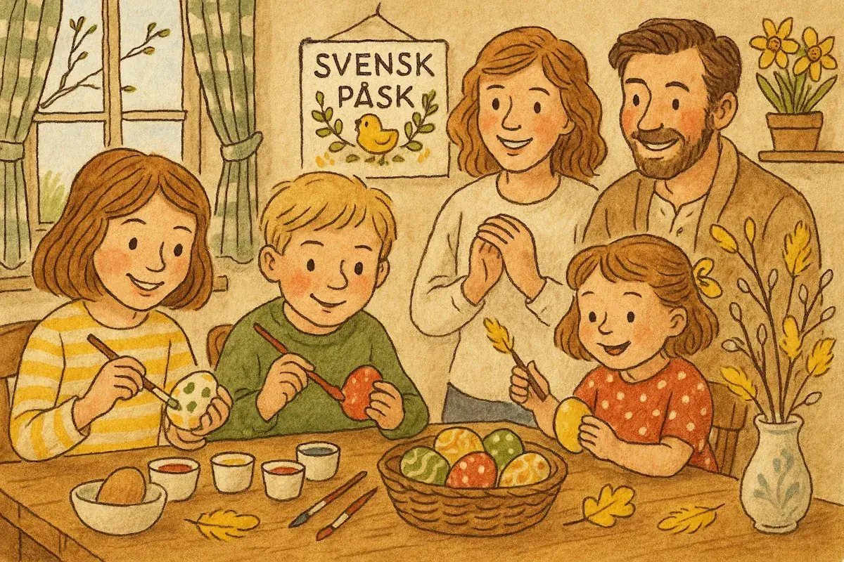 Familj målar påskägg, en tradition som påminner om påskharens historia. En skylt med "Svensk Påsk" hänger på väggen.