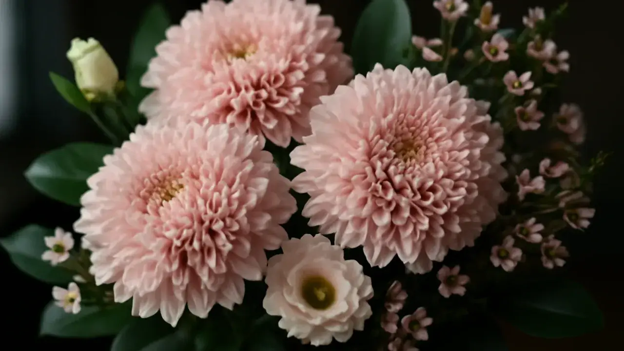 En bukett med fluffiga, ljusrosa krysantemum snittblommor och små, delikata blommor.