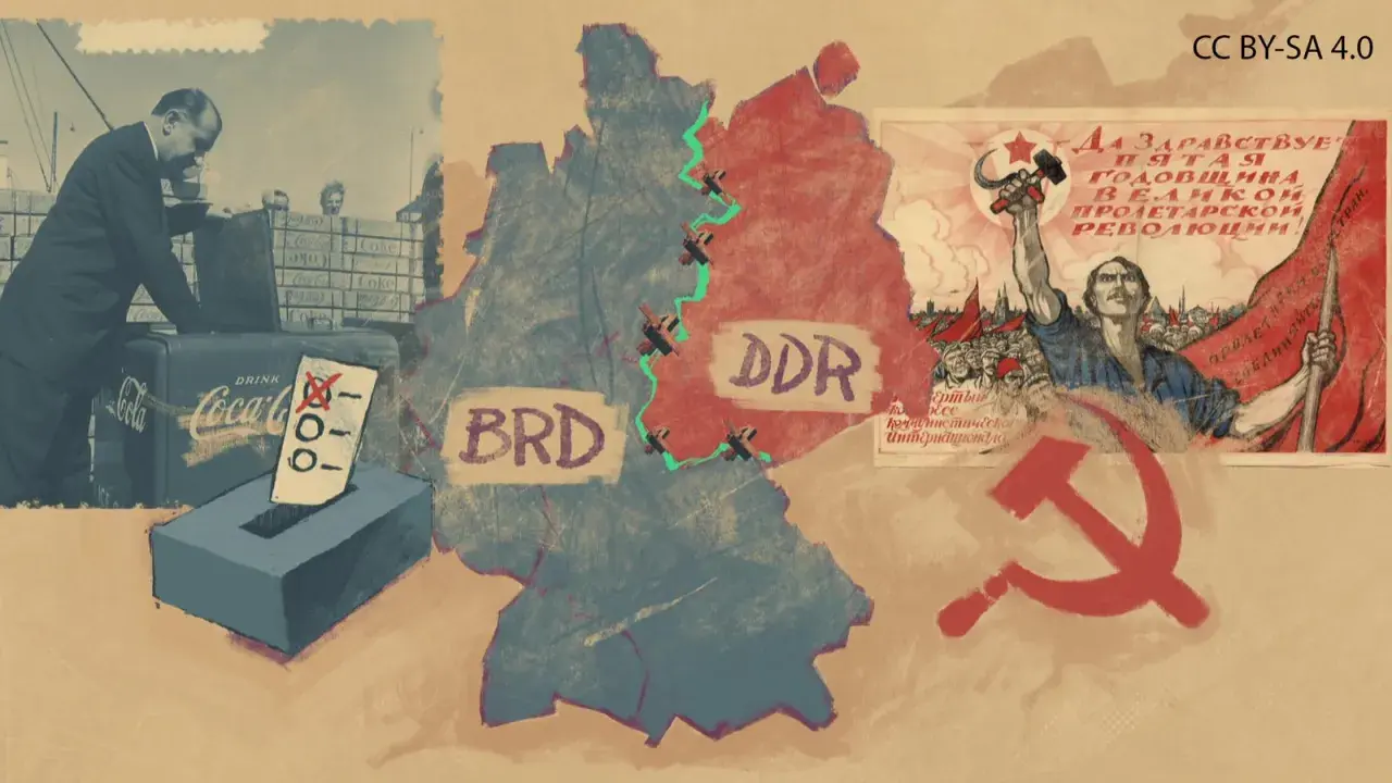 Deutschland geteilt in BRD und DDR, Symbole des Kalten Krieges: Wahlurne, Coca-Cola, sowjetische Propaganda.