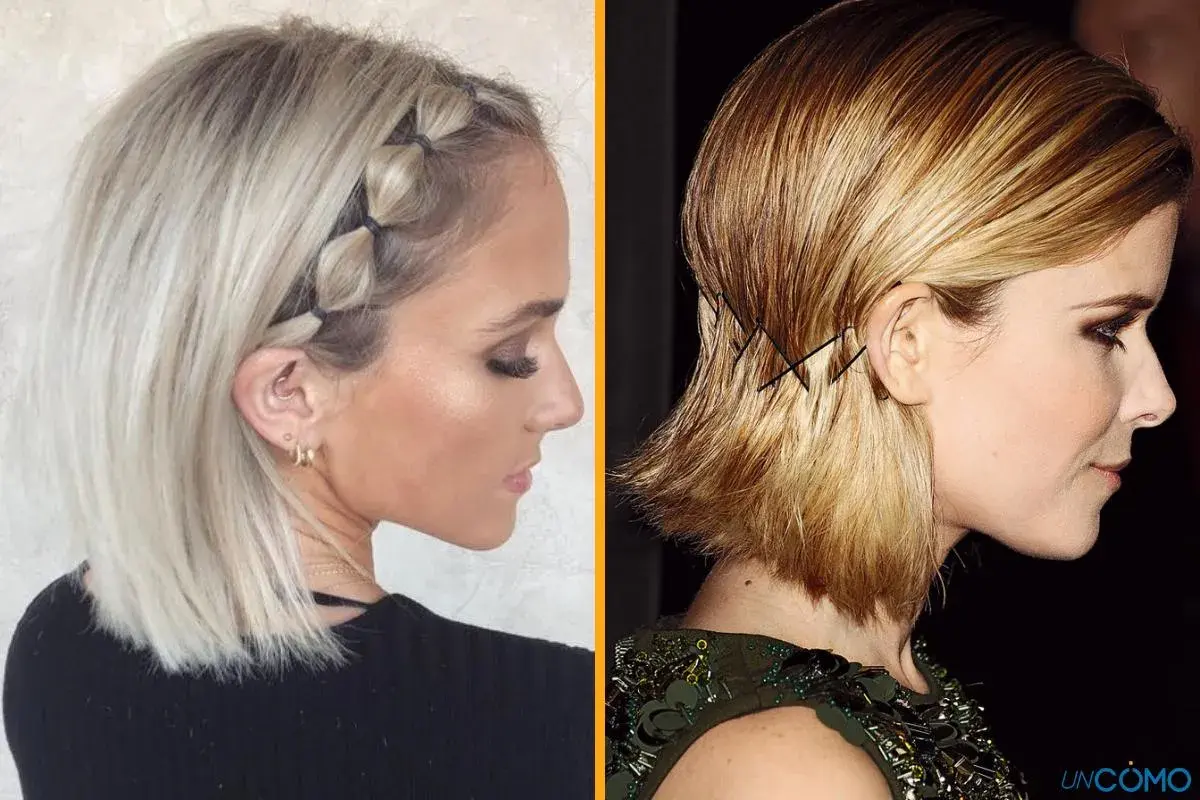Dos estilos de peinados pelo corto: una trenza de burbujas y un recogido con horquillas cruzadas.