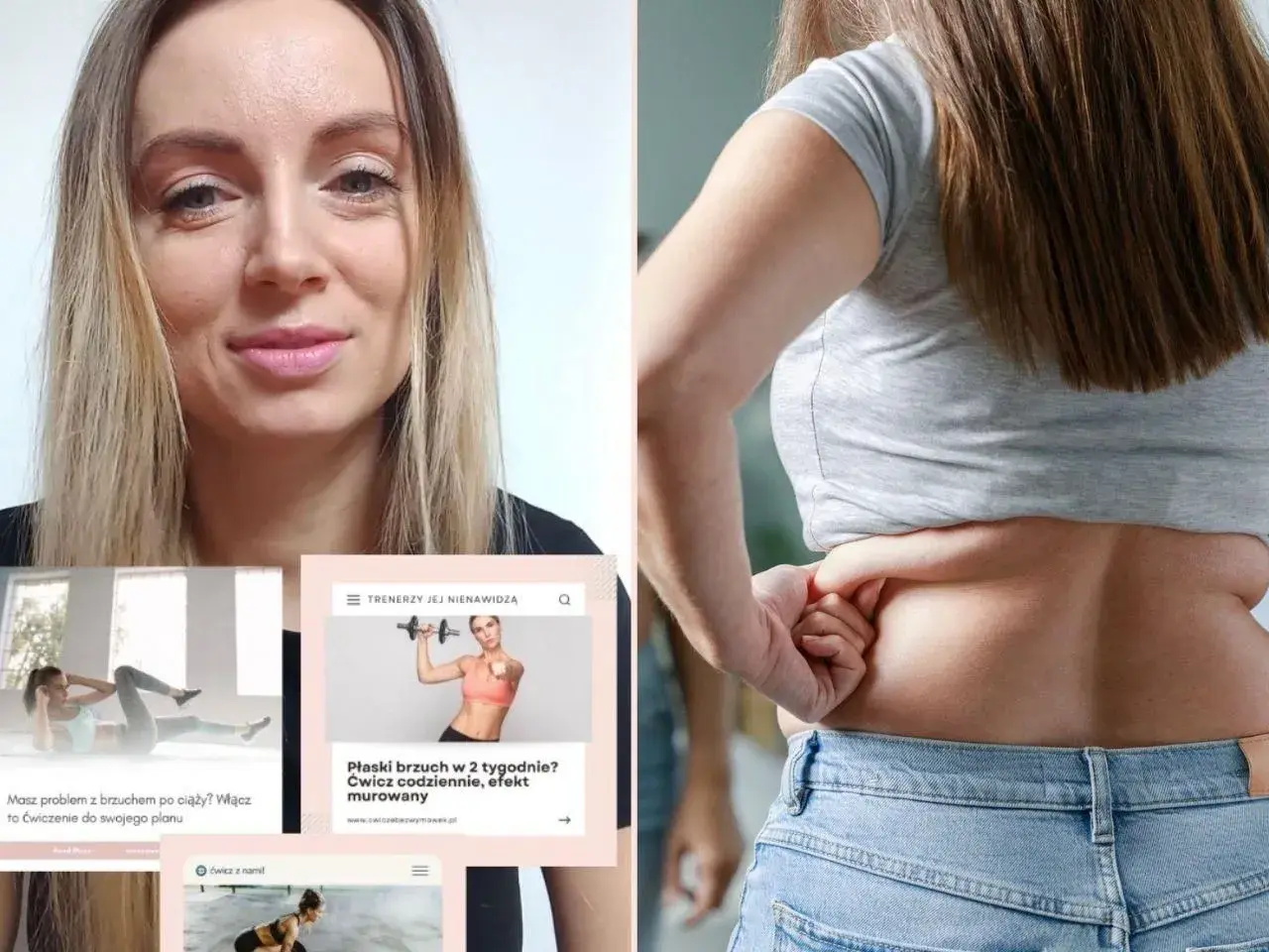 Kobieta pokazuje obwisły brzuch po ciąży. Obok grafiki z ćwiczeniami i hasłem "Płaski brzuch w 2 tygodnie?".