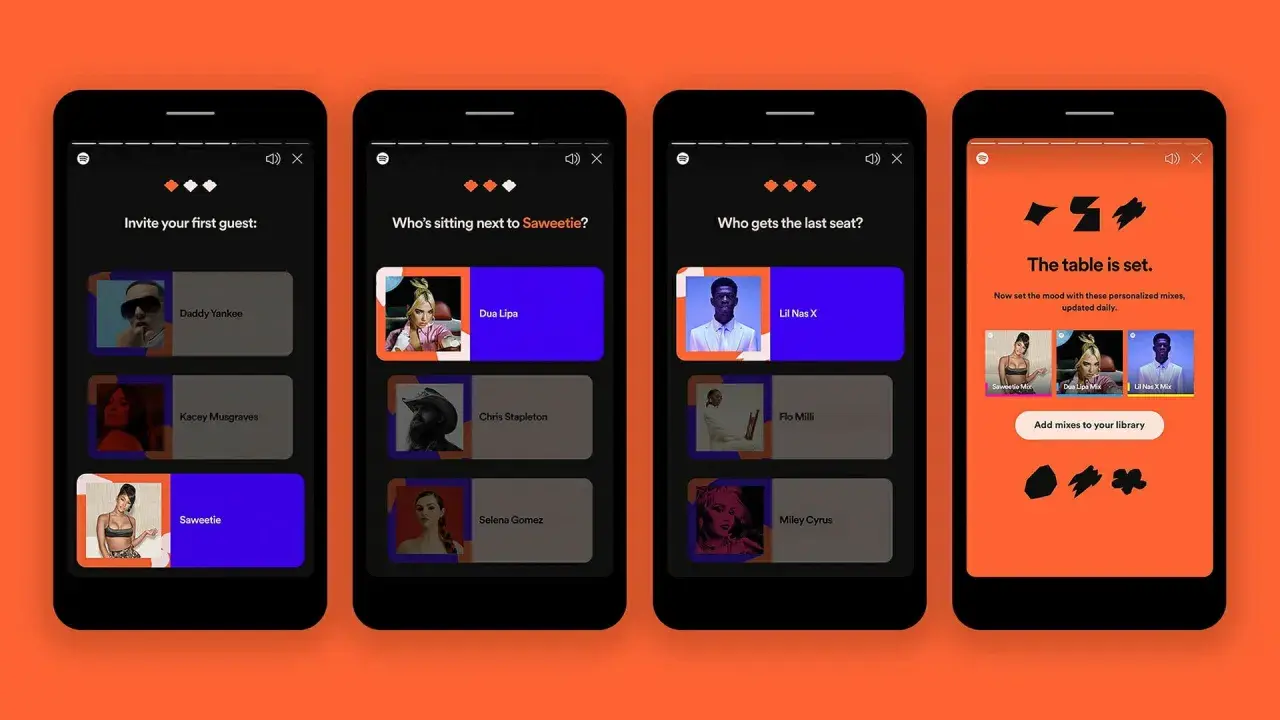 Spotify-appen visar hur man skapar en gästlista med artister. En ny funktion för att sätta stämningen med personliga mixar.