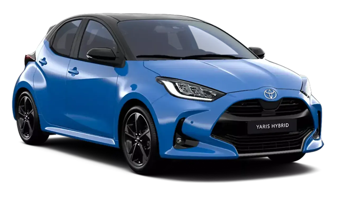 Niebieski Toyota Yaris Hybrid z czarnym dachem. Sprawdź aktualną toyota yaris cena i wybierz swój wymarzony model.