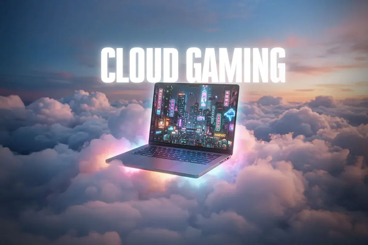 Laptop unoszący się na chmurach, wyświetlający neonowe miasto. Idealny do grania w gry na **GeForce Now Linux**.