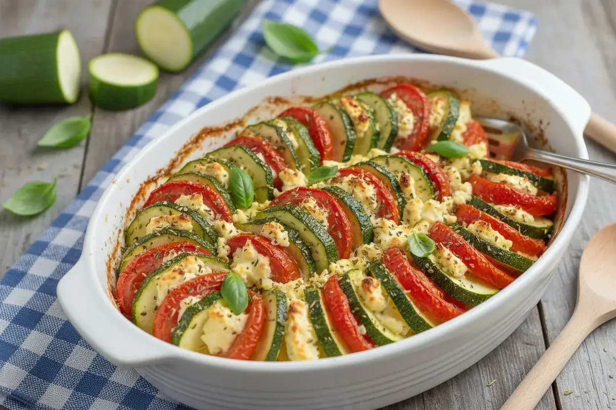 Un plat gratiné de courgettes et tomates, parsemé de fromage et d'herbes. Une recette facile et savoureuse pour l'été.