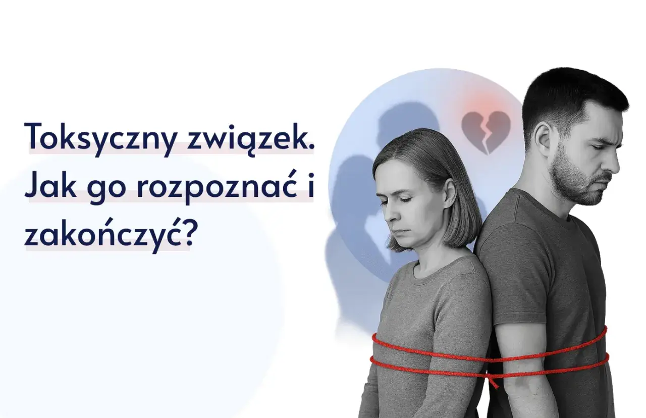 Para zgarbiona, związana sznurkiem, z pękniętym sercem w tle. Obraz symbolizuje toksyczny związek i trudności w jego zakończeniu.