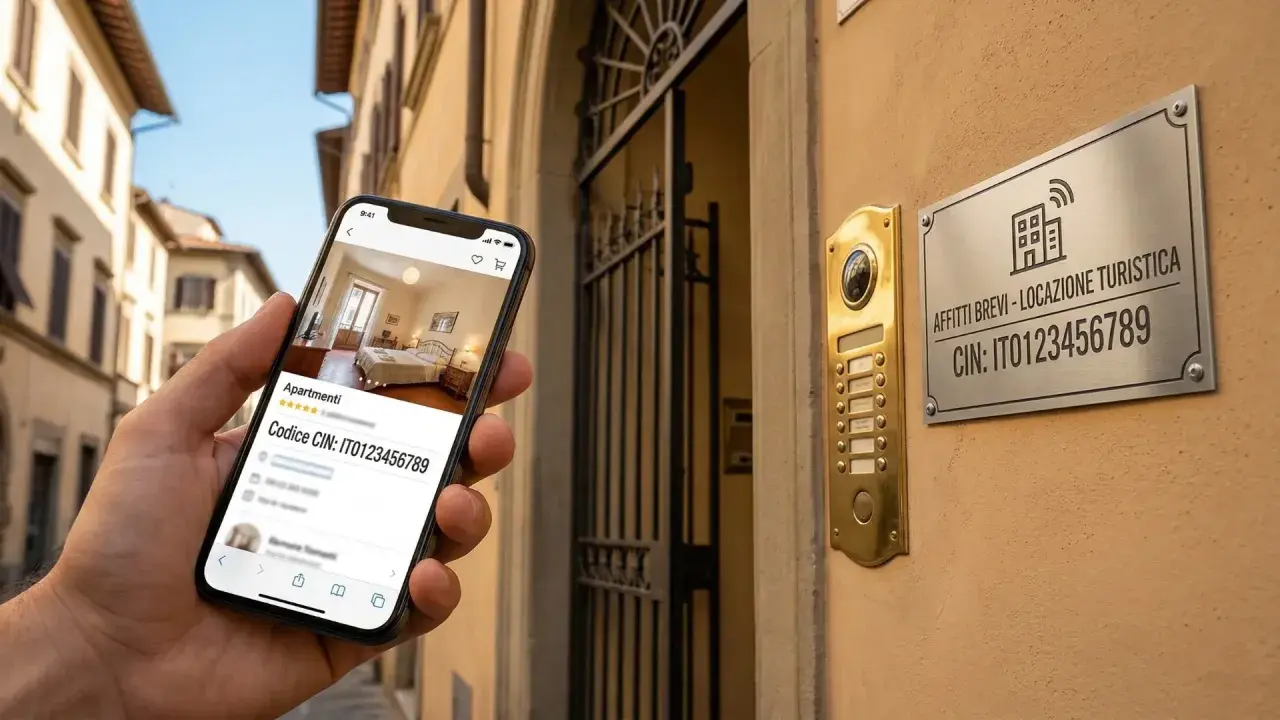 Smartphone mostra un appartamento per affitti brevi. La targa sul muro indica "Affitti Brevi - Locazione Turistica" e il codice CIN, facilitando la comunicazione condominio.