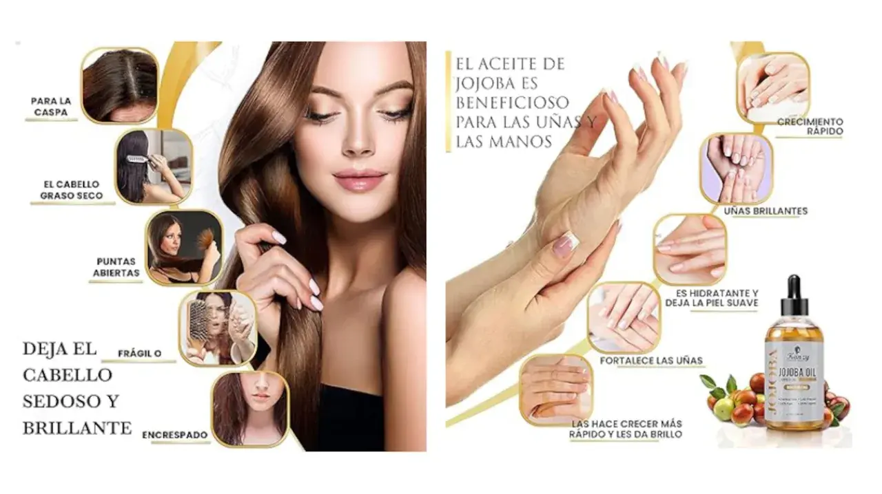 El aceite de jojoba propiedades: mejora el cabello (caspa, puntas abiertas, encrespado) y uñas (crecimiento, brillo, fortaleza).