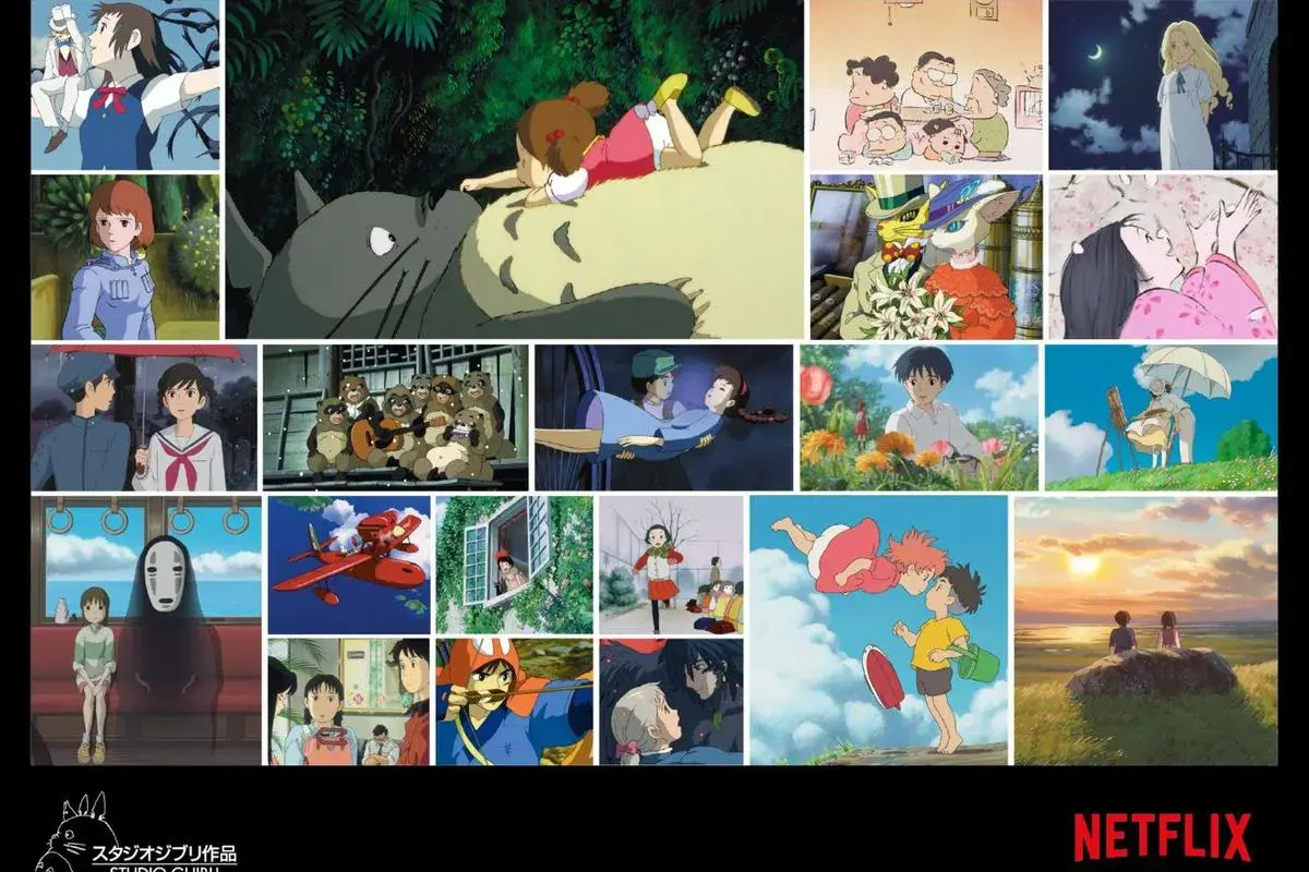 En collage med scener från filmer med Hayao Miyazaki, inklusive Totoro, Chihiro och Ponnyo.