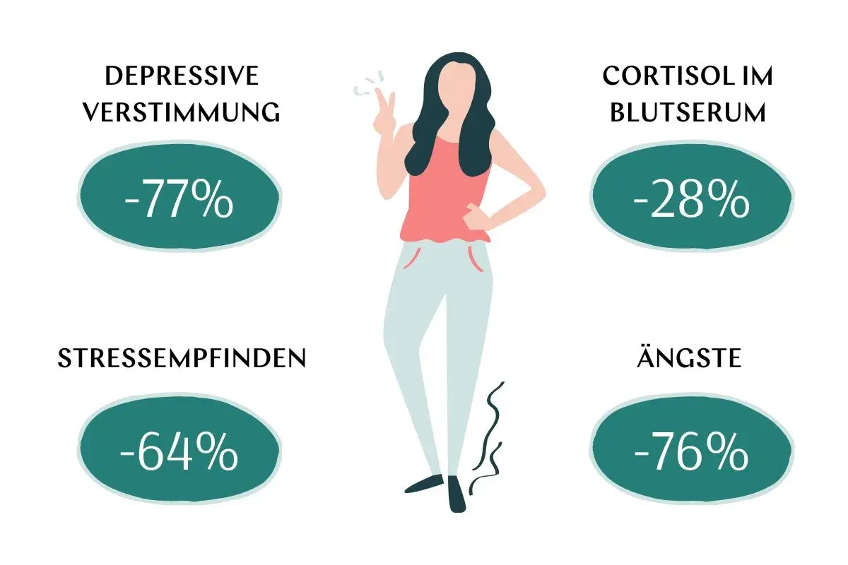 Ashwagandha-Dosierung kann depressive Verstimmung (-77%), Stress (-64%), Ängste (-76%) und Cortisol (-28%) reduzieren.