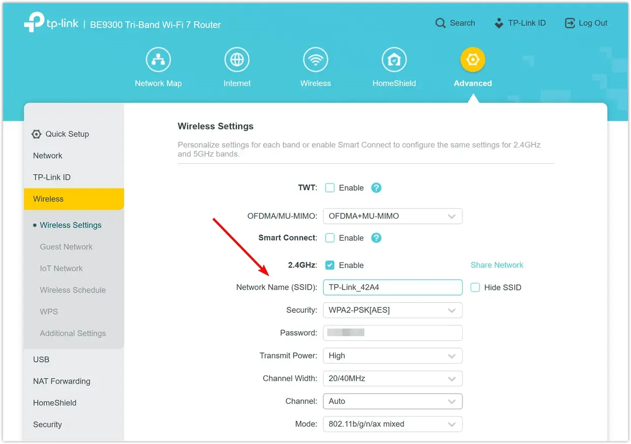 Ustawienia sieci bezprzewodowej TP-Link. Widzisz pole "Network Name (SSID)", gdzie wpisujesz nazwę swojej sieci Wi-Fi.