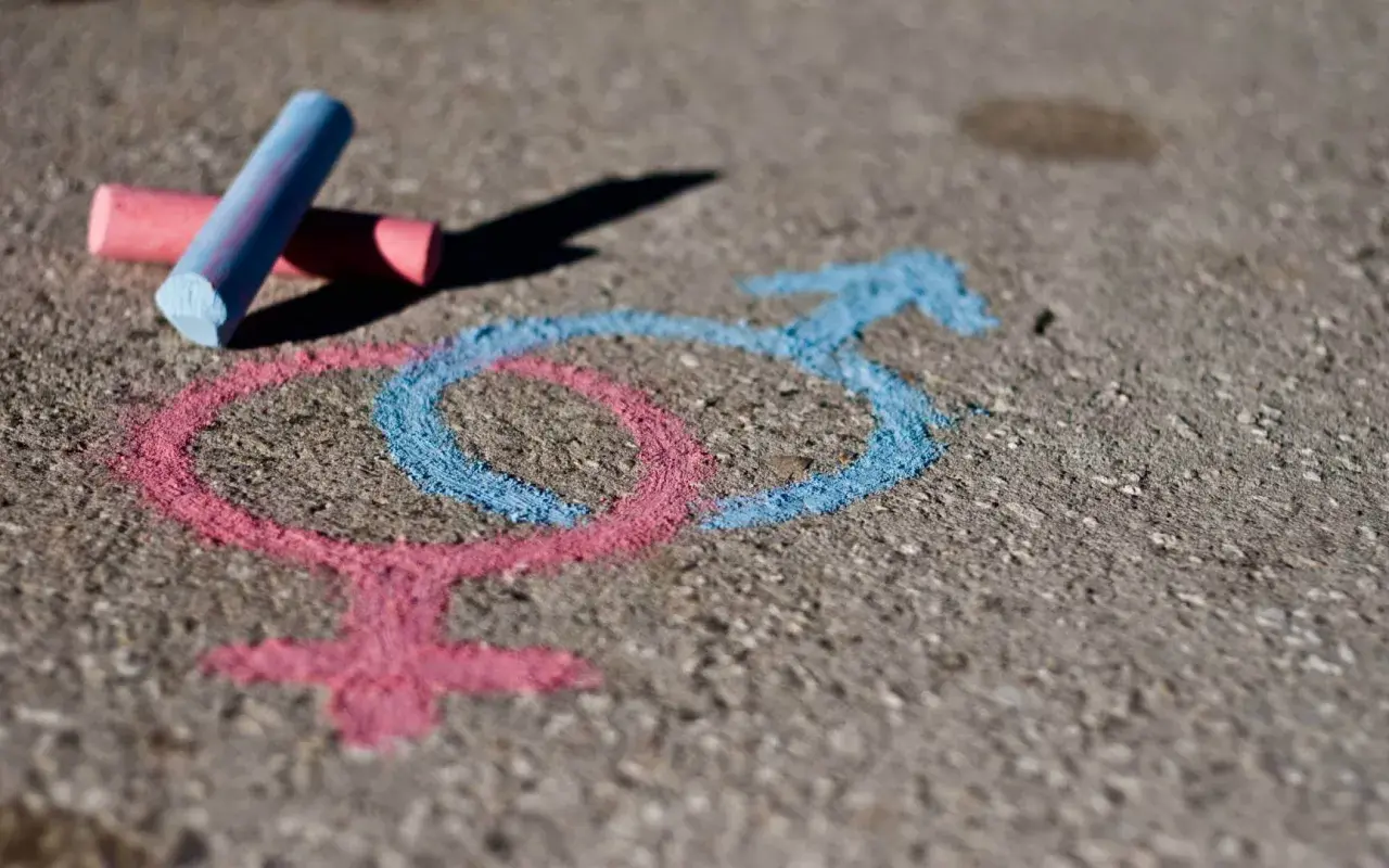 Kredą na chodniku narysowane symbole płci. Różowy symbol dziewczyny i niebieski symbol chłopca, obok leżą kredy. To pokazuje, co lubią dziewczyny i chłopcy.