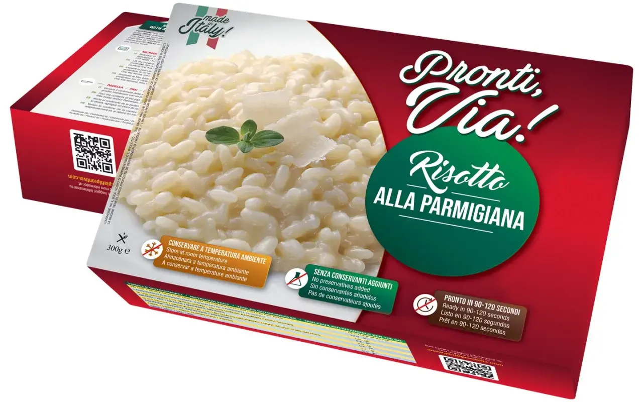 Risotto alla parmigiana cremoso, pronto in 90-120 secondi. Un assaggio d'Italia in ogni boccone.