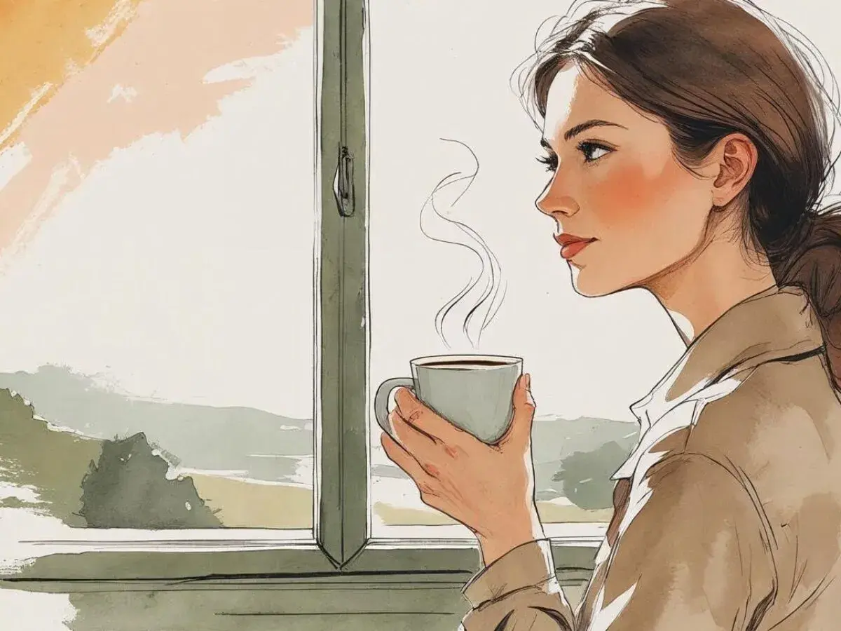 Una donna con una tazza di caffè fumante guarda fuori dalla finestra, un momento di pace che contrasta con il significato della vita frenetica.