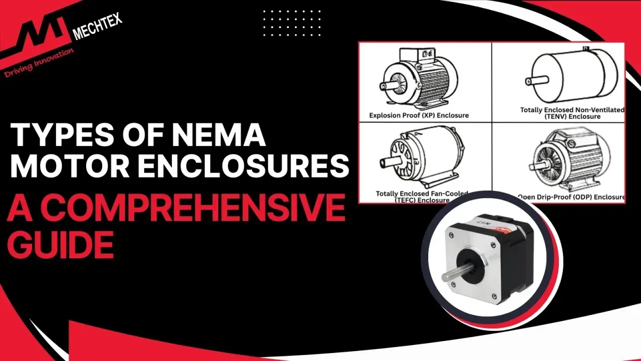 Diagrams show different NEMA motor enclosures, including a totally enclosed fan-cooled (TEFC) motor, a totally enclosed non-ventilated (TENV) motor, and an open drip-proof (ODP) motor.