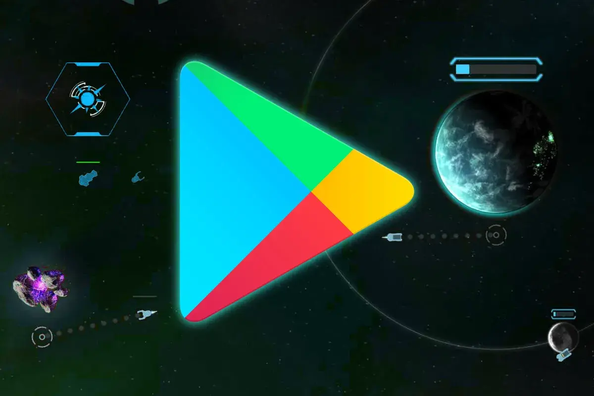 Kosmiczna podróż po fajne gry na tablet. Logo Google Play na tle planet i statków kosmicznych.