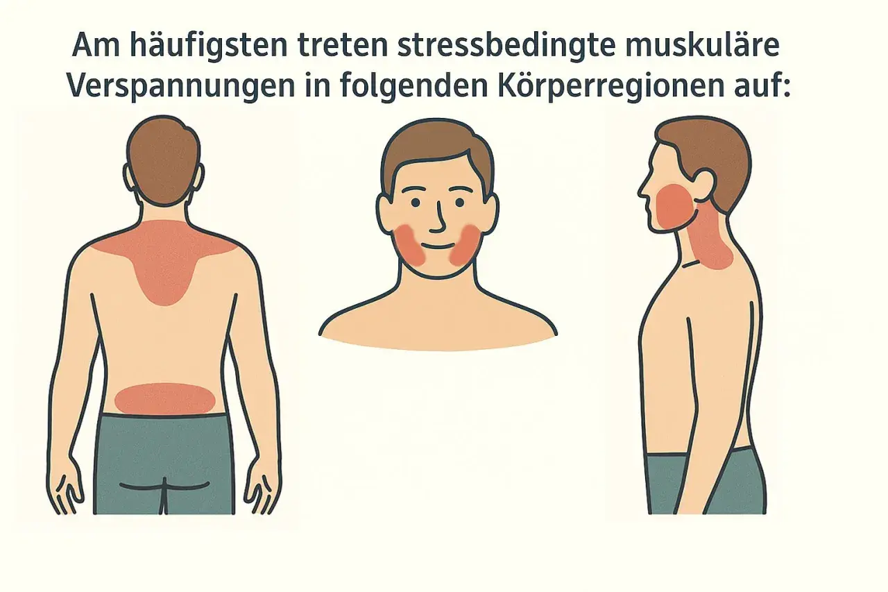 Osteopathie bei Verspannungen: Illustrationen zeigen häufig betroffene Körperregionen wie Nacken, Schultern, Rücken und Kiefer.