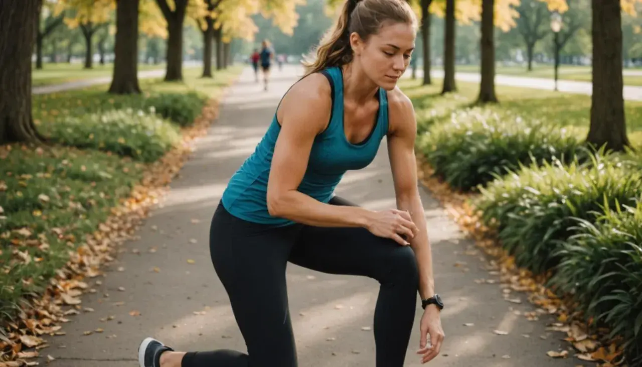 Kobieta w sportowym stroju wykonuje ćwiczenia po bieganiu w parku. Jesienne liście tworzą malowniczą ścieżkę.