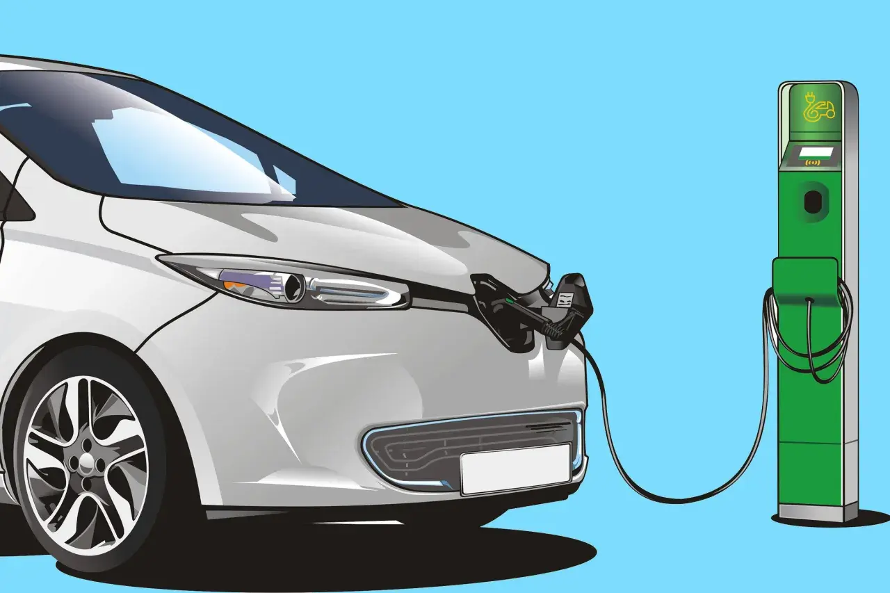 Un'auto elettrica bianca è collegata a una colonnina di ricarica verde. Illustrazione che mostra come funzionano le colonnine di ricarica.