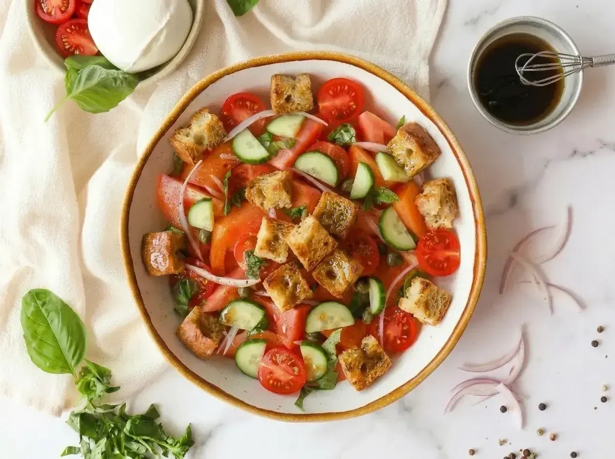 Frischer Panzanella-Salat mit Tomaten, Gurken, Zwiebeln und knusprigen Croutons. Ein leichtes und leckeres Rezept für den Sommer.