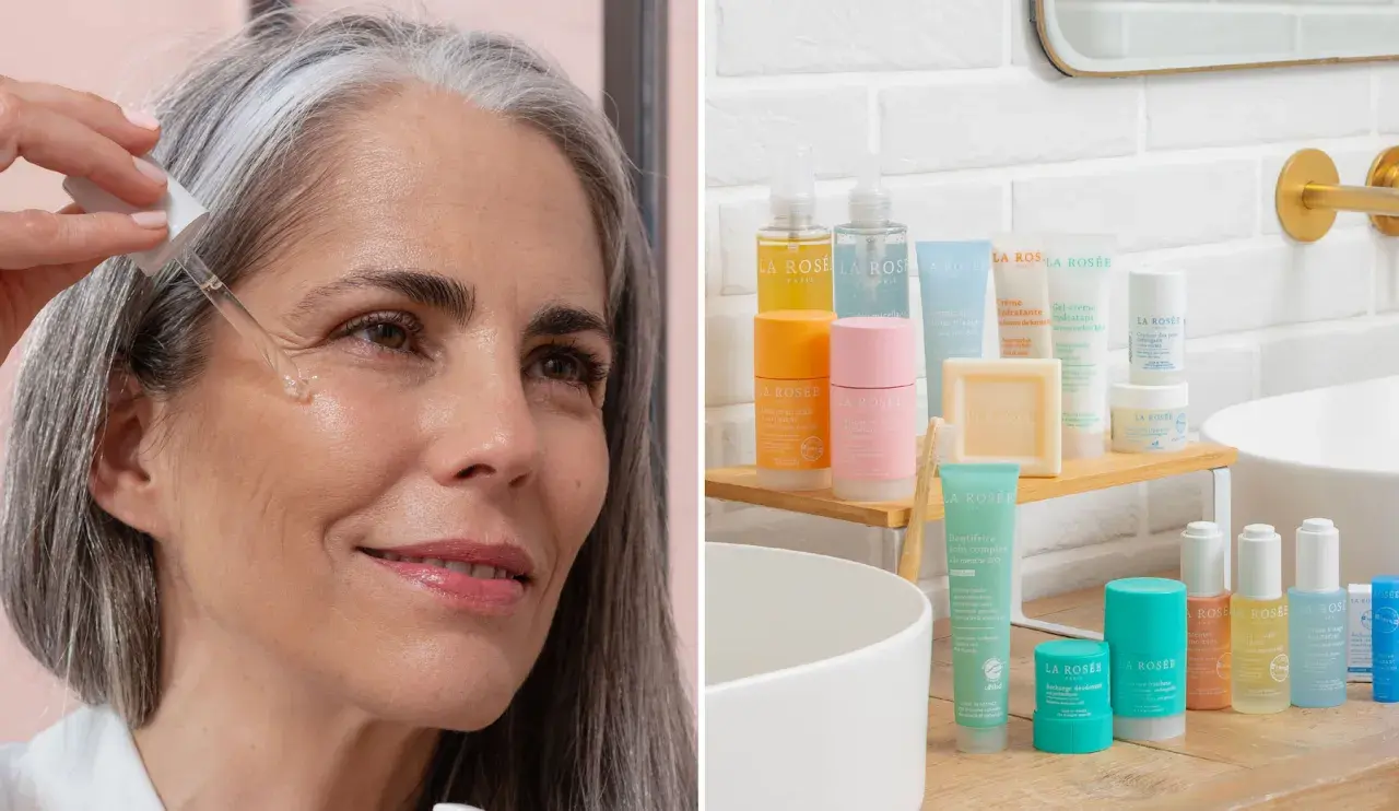 Une femme applique un sérum pour le nettoyage du visage. À côté, une sélection de produits de soin La Rosée.