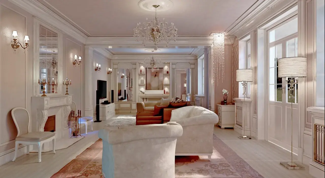 Elegancki salon w stylu mieszkania glamour, z kryształowym żyrandolem, kominkiem i wygodnymi sofami.