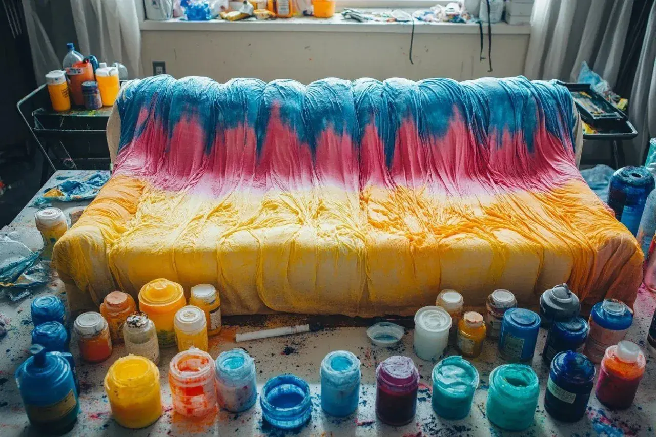 Un canapé en tissu non déhoussable est teinté en dégradé de jaune, rose et bleu. Des pots de peinture sont disposés autour.