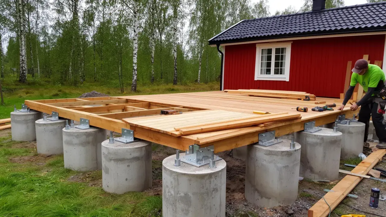 Byggnation av altan på betongplintar. Träkonstruktionen är på plats och förbereds för trall.