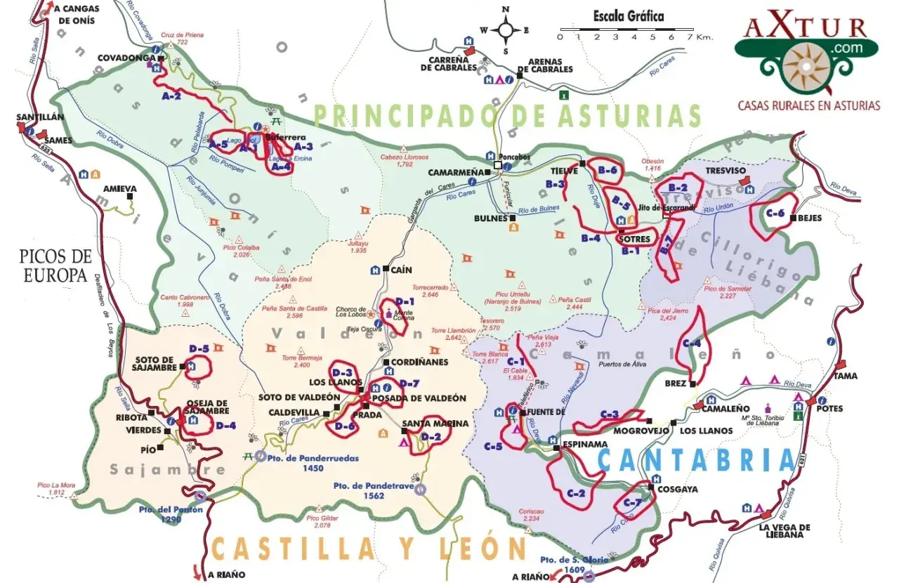 Mapa de rutas por los Picos de Europa, mostrando senderos y puntos de interés.