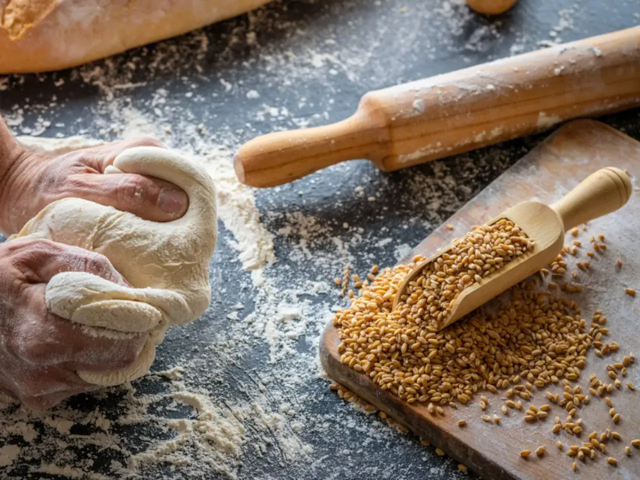Manos amasando masa para pan de cebada. Granos de trigo en una pala de madera sobre una tabla.